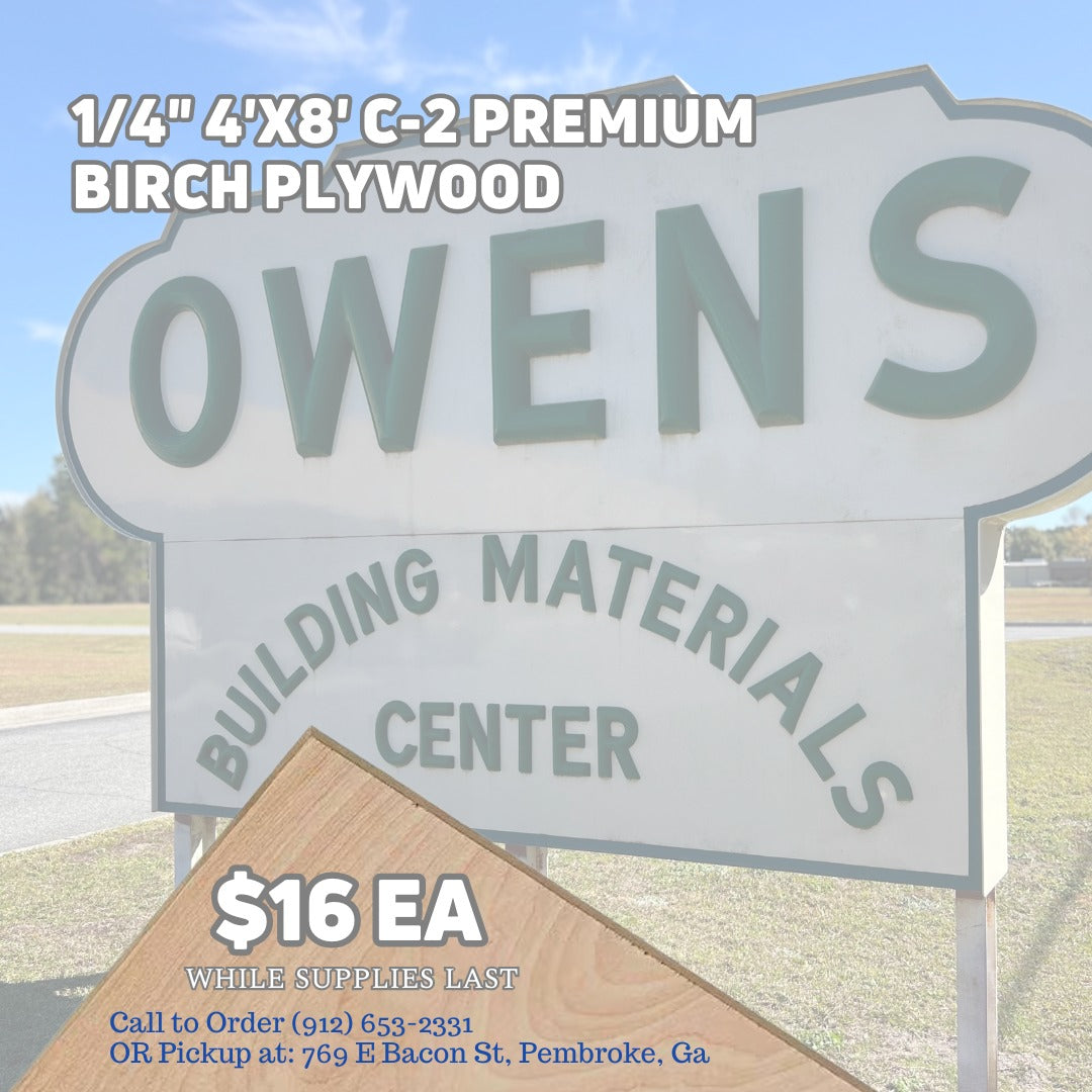 1/4" 4'x8' C-2 Premium Birch Plywood - $16 EA