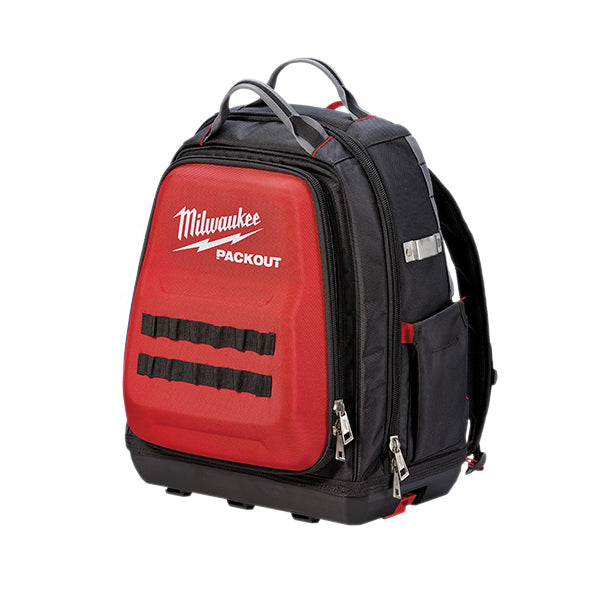 Milwaukee PACKOUT 48-22-8301 Tool Backpack, 11.81 in W, 15-3/4 in D, 15-3/4 in H, 48-Pocket, Polyester, Black/Red