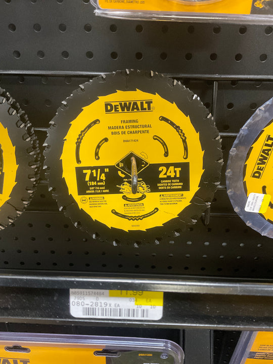 DEWALT Circular Saw Blade, 7-1/4 in Dia, 5/8 in Arbor, 24-Teeth, Tungsten Carbide Cutting Edge