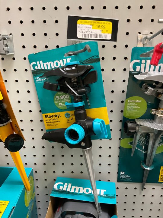 Gilmour Sprinkler Spike with On/Off Switch, Spigot, 43 ft, Circular, Adjustable Nozzle, Metal/Plastic