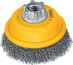 DEWALT Wire Cup Brush, 3 in Dia, 5/8-11 Arbor/Shank, 0.014 in Dia Bristle, 13/16 in L Bristle Trim